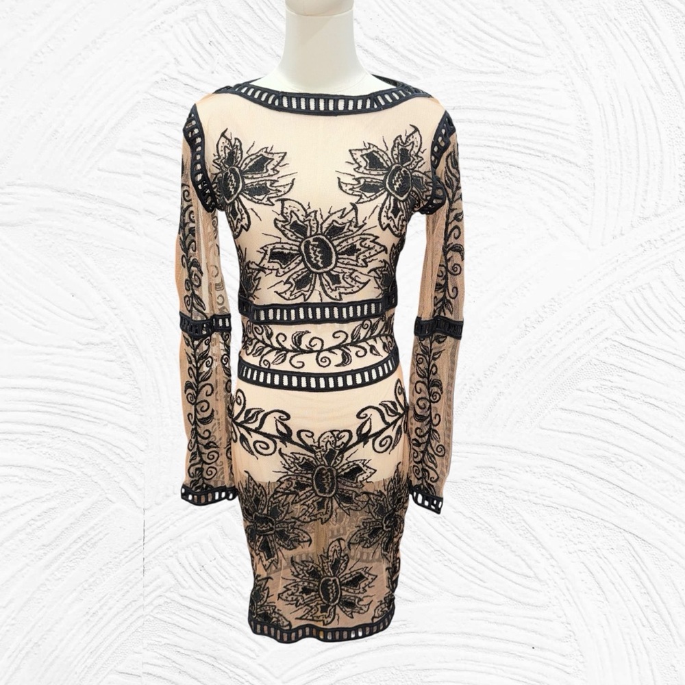 For Love & Lemons Black Desert Nights Mini Dress Black Nude Lacy Medium*no slip*